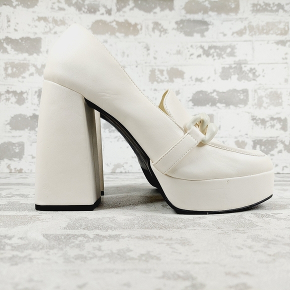 New Open Edit Women White Round Toe Chain Chunky Mid Platform Heels Shoes B501 - Picture 5 of 16